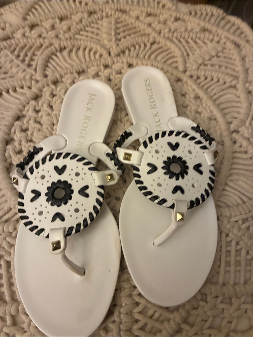 Jack Rogers White Leather Sandals with Black Stitching and Gold Studs